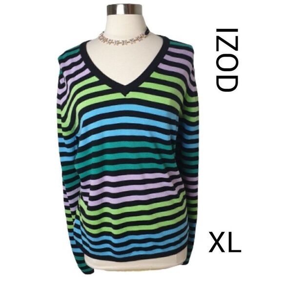 IZOD Women's V-neck Sweater XL Long Sleeves Striped Essential Pullover NWOT - Picture 1 of 6